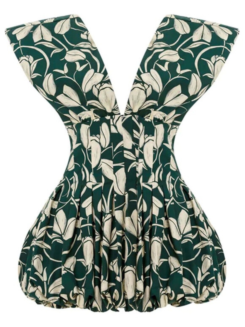 Agua Bendita Dark Green Floral V-Neck Bubble Dress